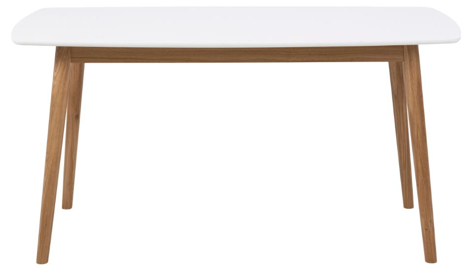 A modern rectangular dining table with a white top and natural wood legs, shown against a plain white background.