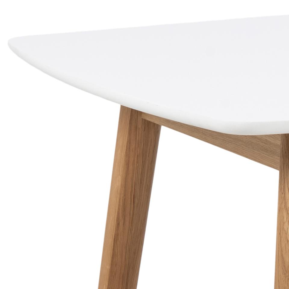Close-up of a white round table with wooden legs on a white background