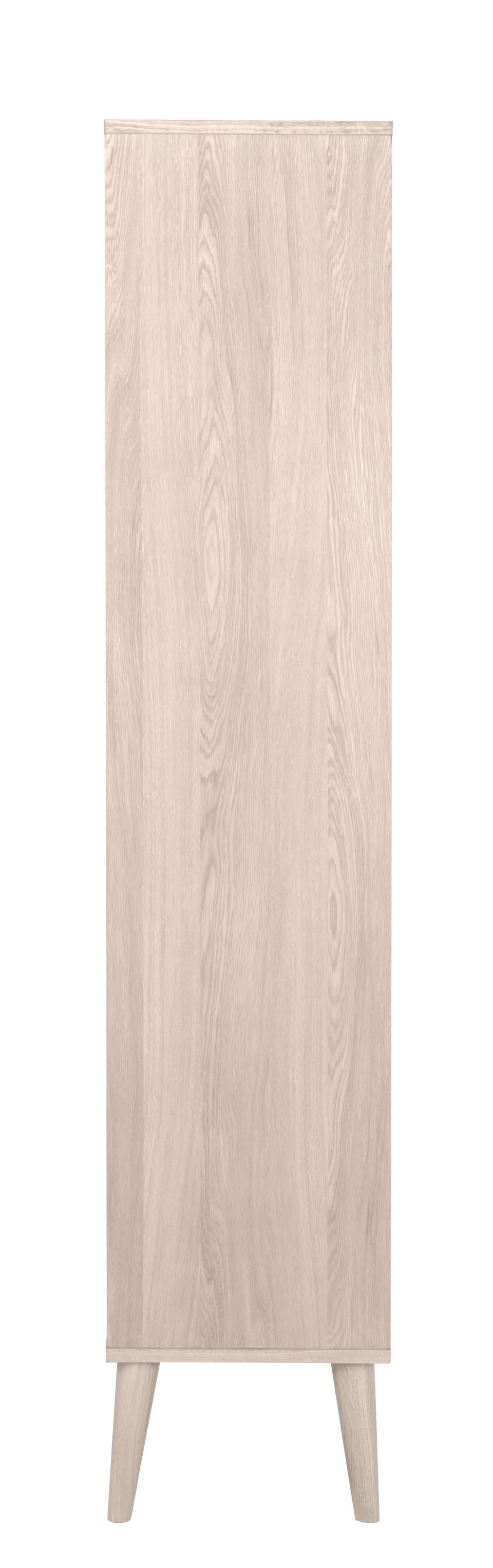 Tall narrow wooden cabinet with a light finish on a white background