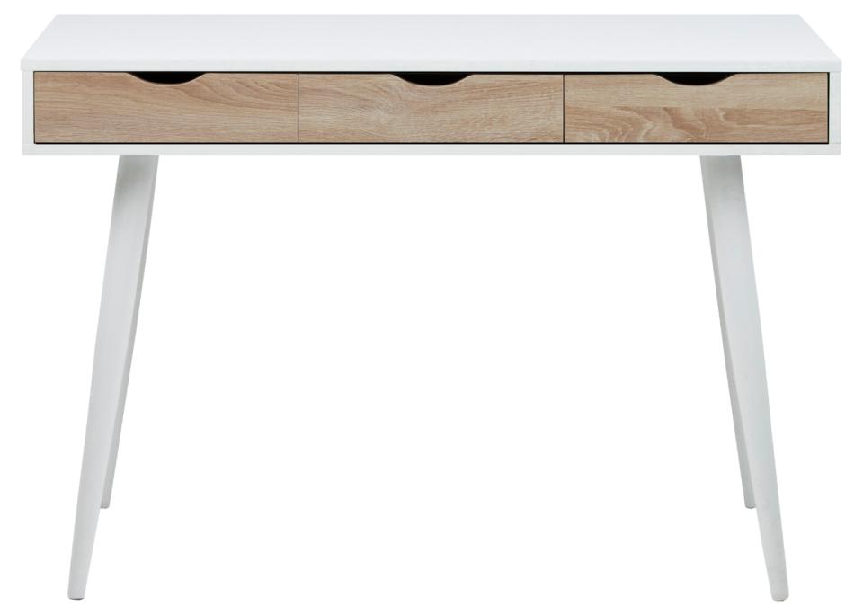 A modern writing desk with a white top and legs, featuring three drawers with light oak wood fronts and black handles, shown against a plain white background.
