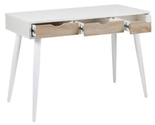 Load image into Gallery viewer, A modern writing desk with a white top and legs, featuring three drawers with light oak wood fronts, shown with two drawers open on a white background.
