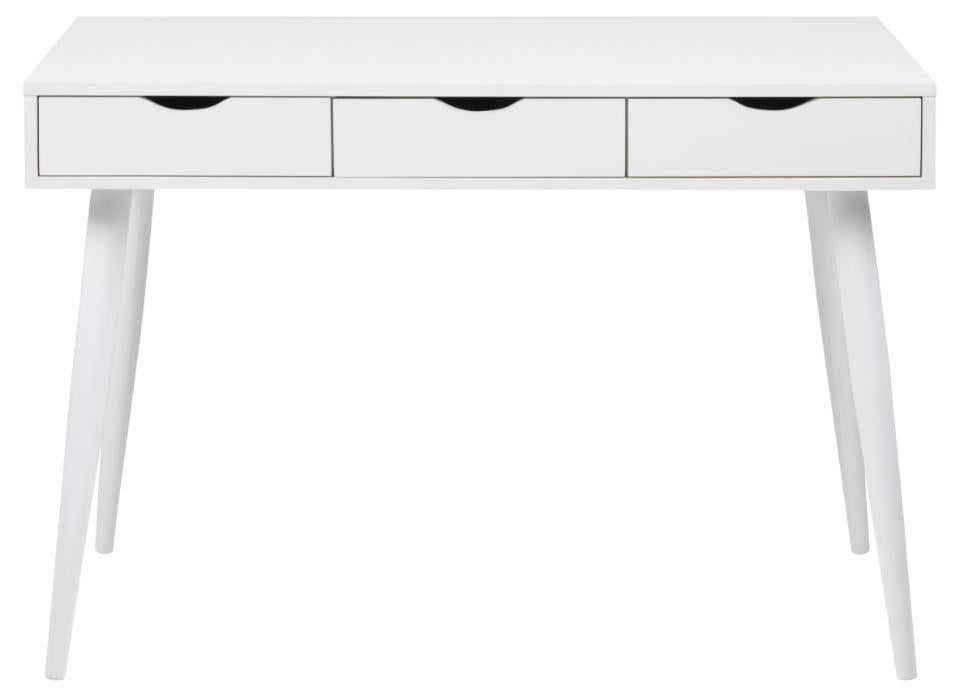 A white three-drawer writing desk with tapered legs and black oval drawer pulls, shown against a plain white background.