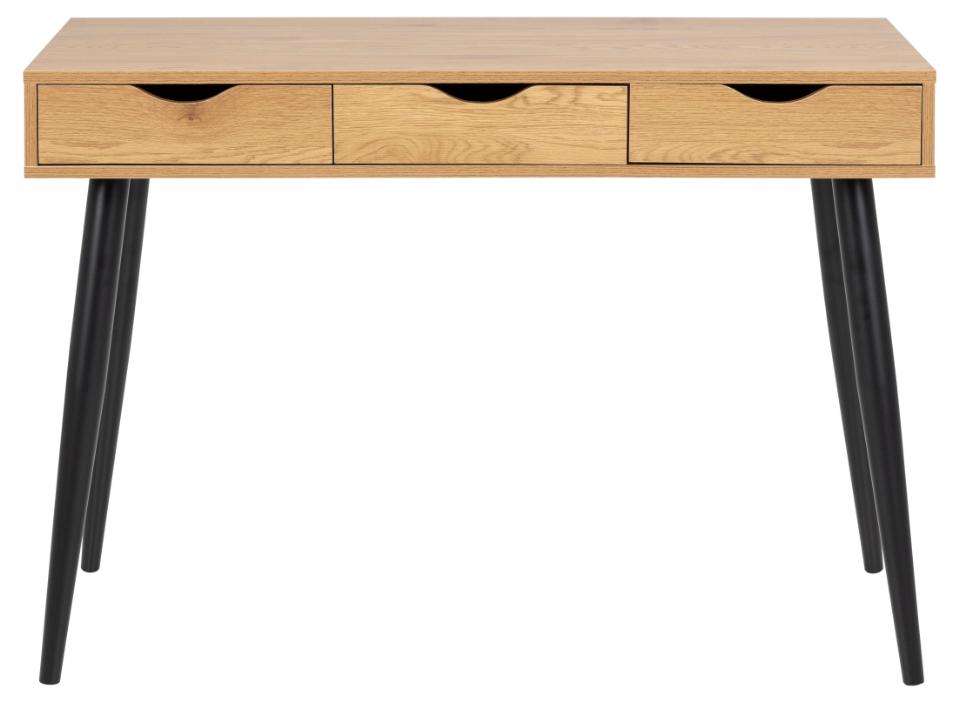 Wooden desk with three drawers and black legs on a white background