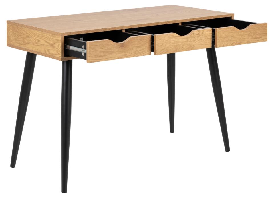 Wooden desk with three drawers on a white background