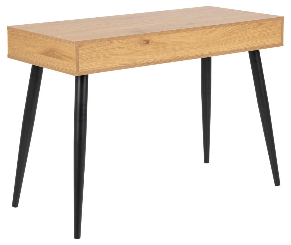 Wooden desk with black legs on a white background