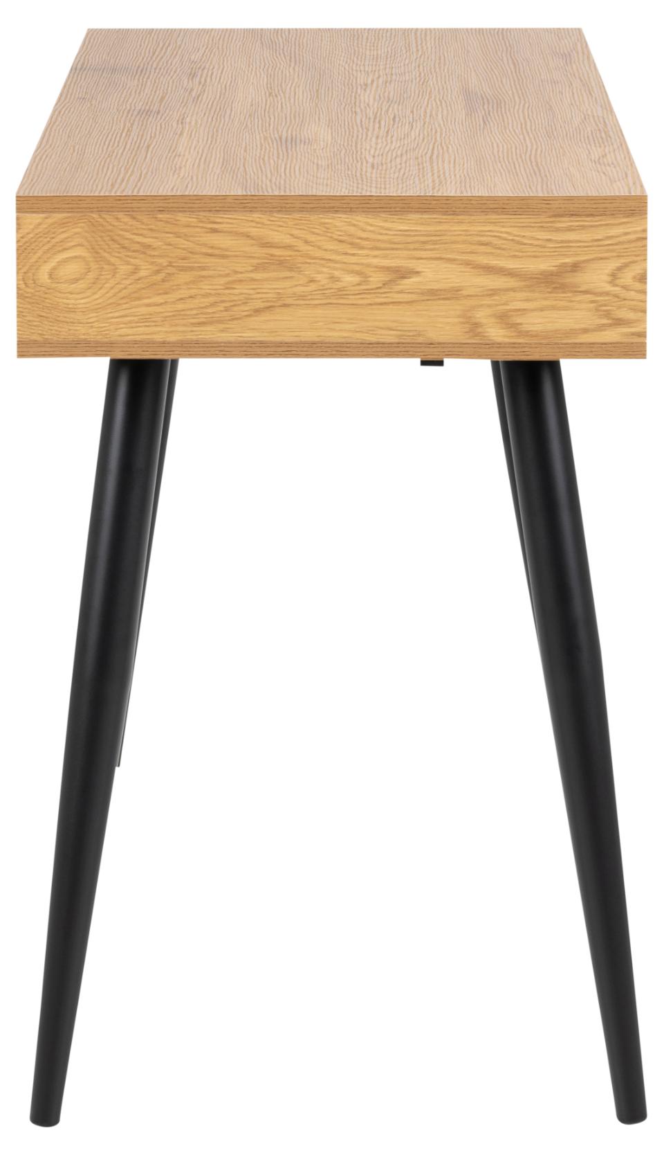 Wooden side table with black legs on a white background