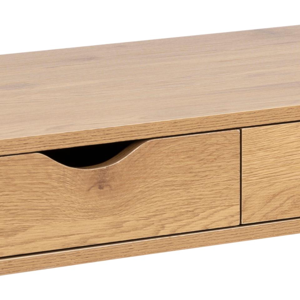 Wooden drawer unit with a single open drawer on a white background