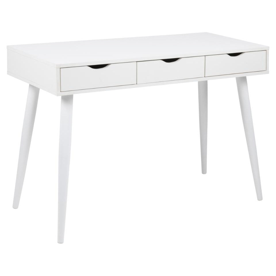 A white three-drawer writing desk with tapered legs and black oval drawer pulls, shown against a plain white background.