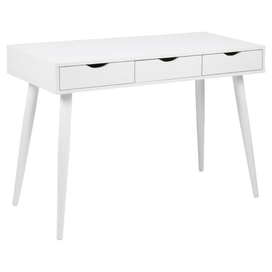 A white three-drawer writing desk with tapered legs and black oval drawer pulls, shown against a plain white background.