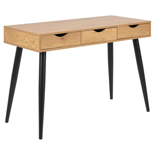 A modern office desk with a rectangular tabletop in wild oak finish and black metal legs. It features three drawers and integrated handles.