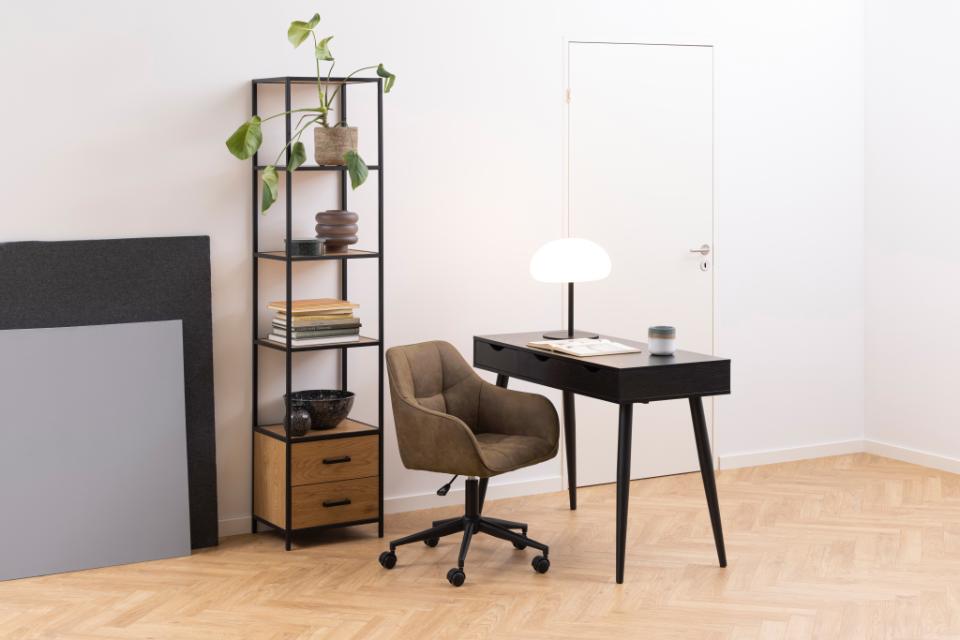 Modern office setup with desk, chair, and bookshelf in a minimalistic room.