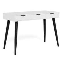 Load image into Gallery viewer, A modern writing desk with a white rectangular top, three drawers with black curved handles, and four tapered black legs, shown on a white background.

