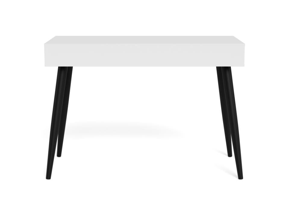 A modern writing desk with a white rectangular top and four tapered black legs, shown against a plain white background.