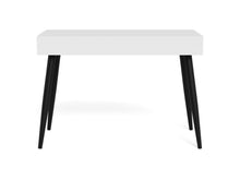Load image into Gallery viewer, A modern writing desk with a white rectangular top and four tapered black legs, shown against a plain white background.
