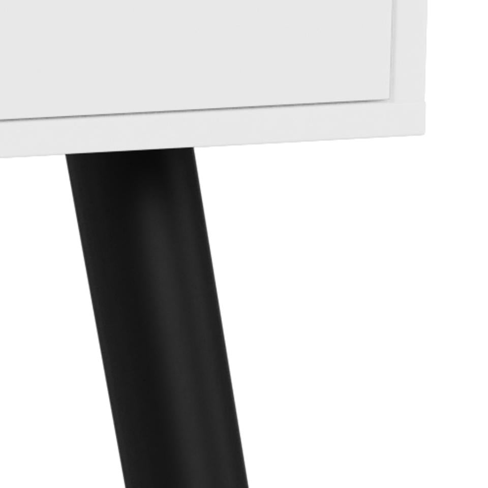 Close-up of a white furniture piece with a matte black cylindrical leg against a white background.