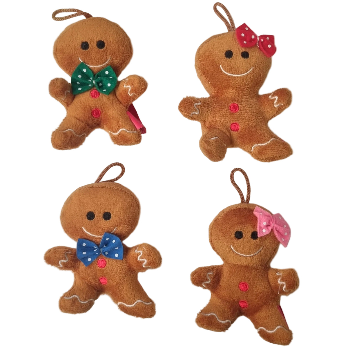 Four plush gingerbread man woman or person ornaments arranged in a 2x2 grid on a plain white background. Each ornament has a brown fabric body, embroidered facial features, white icing-style outlines, and a hanging loop at the top.