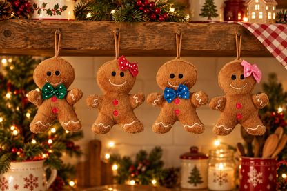 Four brown plush gingerbread person ornaments hang from a wooden shelf in a cozy holiday setting. Two have green and blue bowties, and two have red and pink bowties.