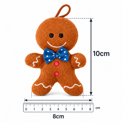 A gingerbread person plush toy with a blue polka-dot bow tie and red buttons, shown on a white background with measurement arrows indicating 10 cm height and 8 cm width.