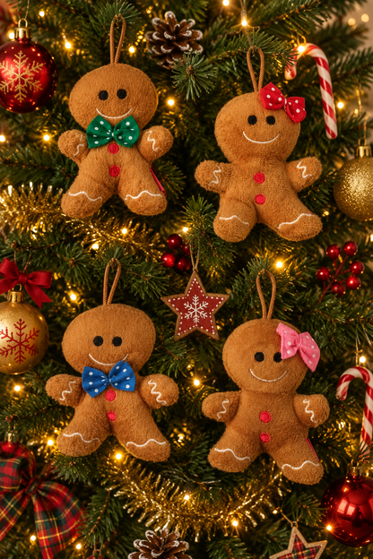 4 plush gingerbread people hanging n a Christmas tree decorated with lights, stars, pine cones and baubles
