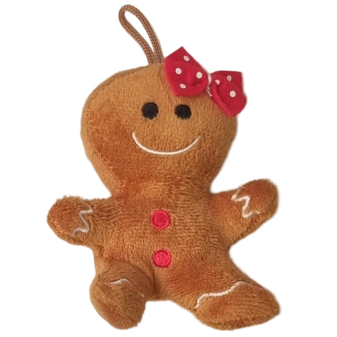 A plush gingerbread man ornament or hanging decoration in warm brown, with a red bow and red buttons, photographed on a plain white background.
