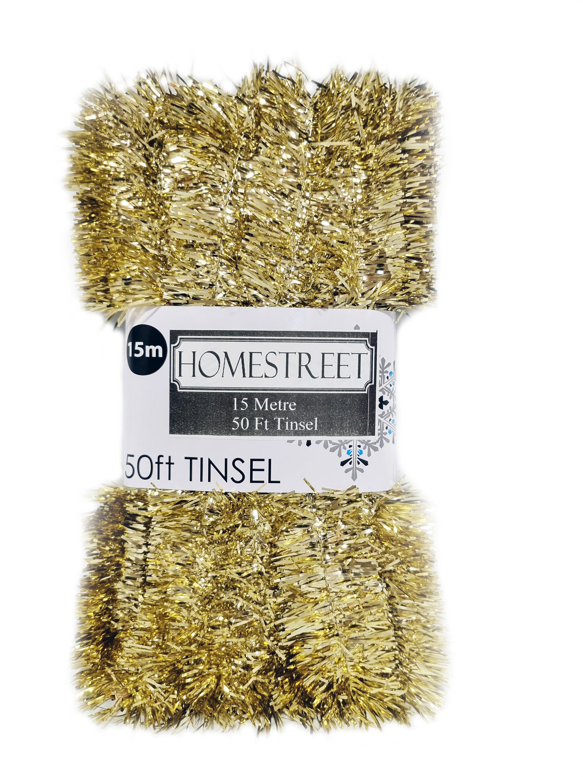 Pack of Homestreet brand long gold Christmas tinsel, 50 feet in length, packaged on a card with product information.