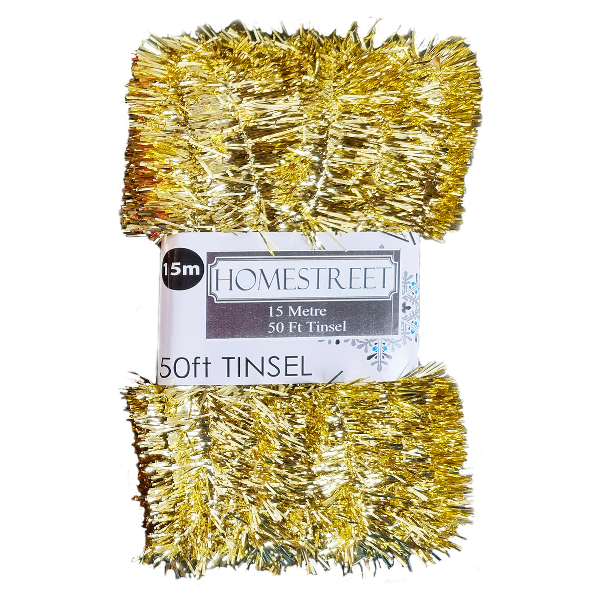 A 15-meter pack of gold tinsel garland with its paper label wrapper, shown against a plain white background.