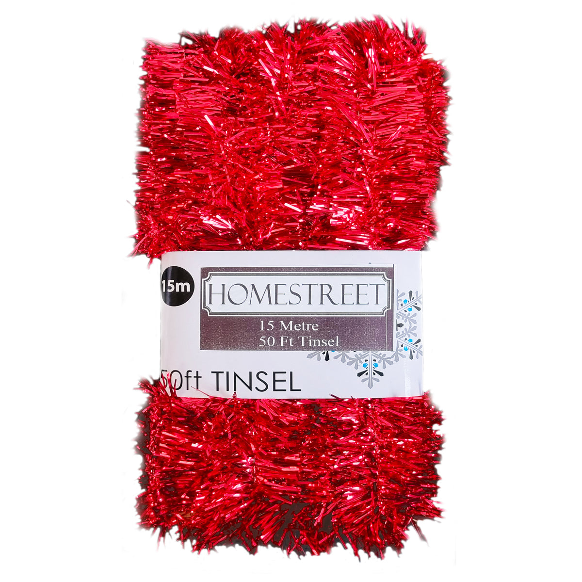 A 15-meter roll of red metallic tinsel holiday garland with a white paper label from the brand Homestreet, shown against a plain white background.