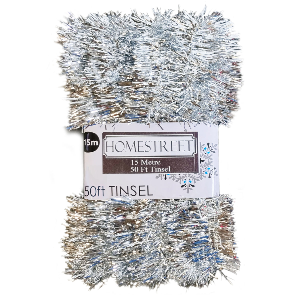 A folded bundle of silver tinsel garland with a paper label reading 'HOMESTREET 15 Metre 50 Ft Tinsel' and '50ft TINSEL' on a white background.
