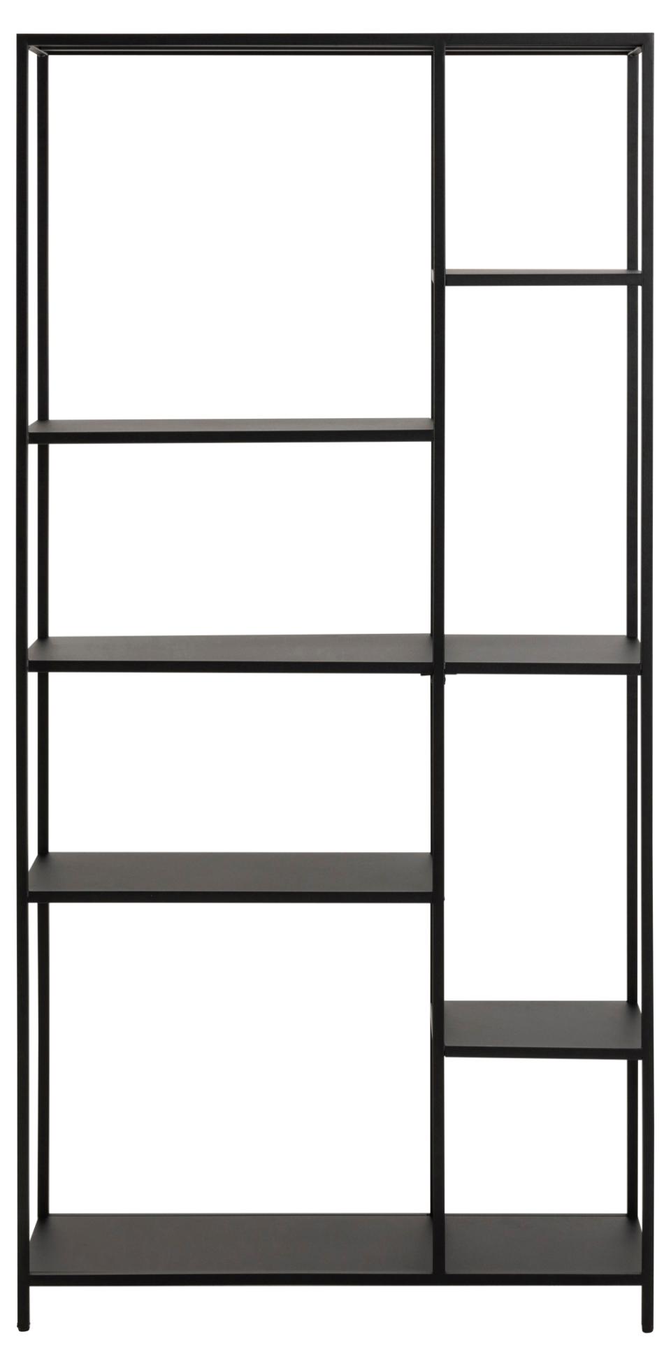Black metal bookshelf with multiple shelves on a white background