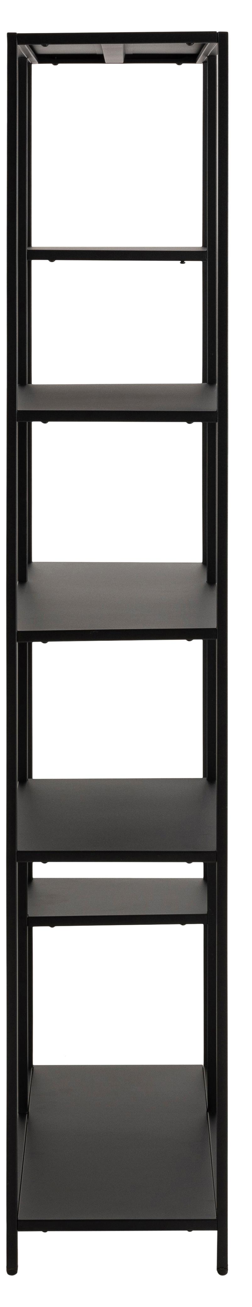 Black metal bookshelf with five shelves on a white background
