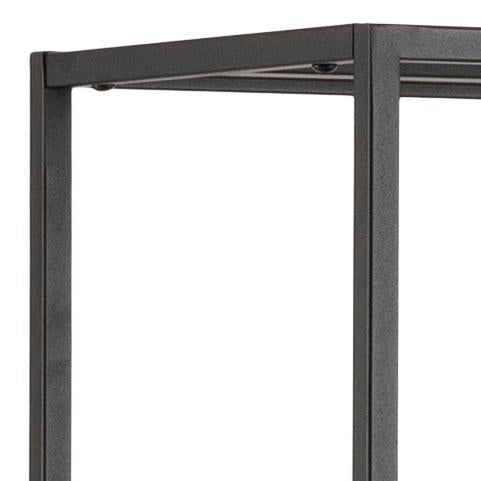Corner of a black metal frame with glass panels on a white background