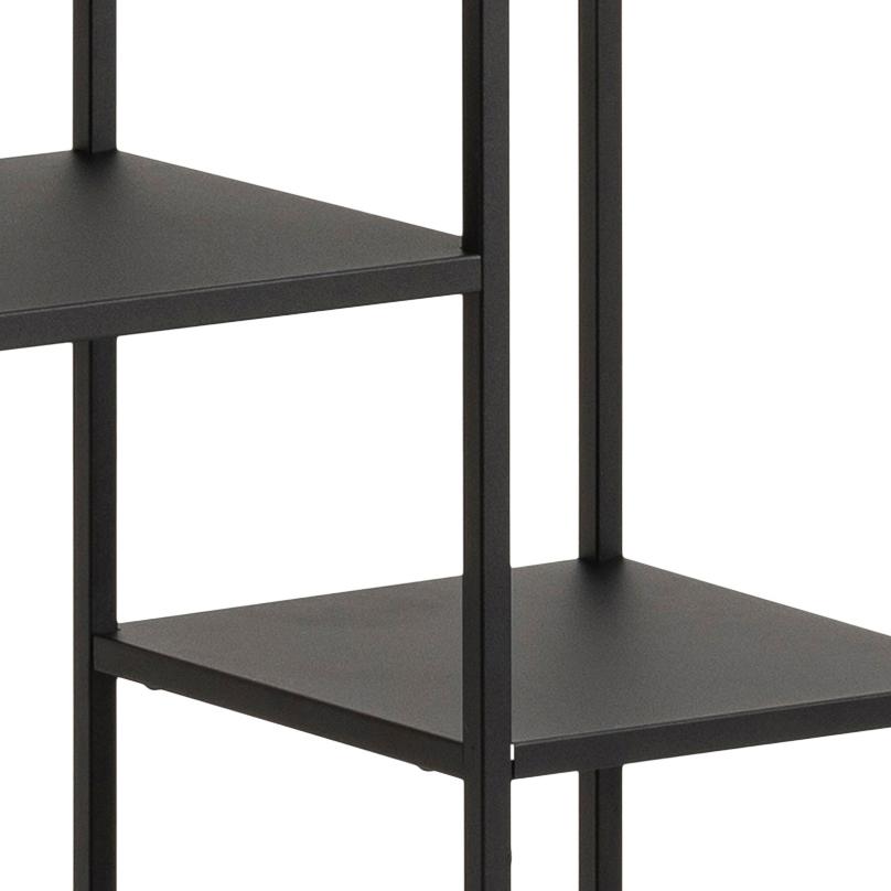 Black metal shelf with two shelves on a white background