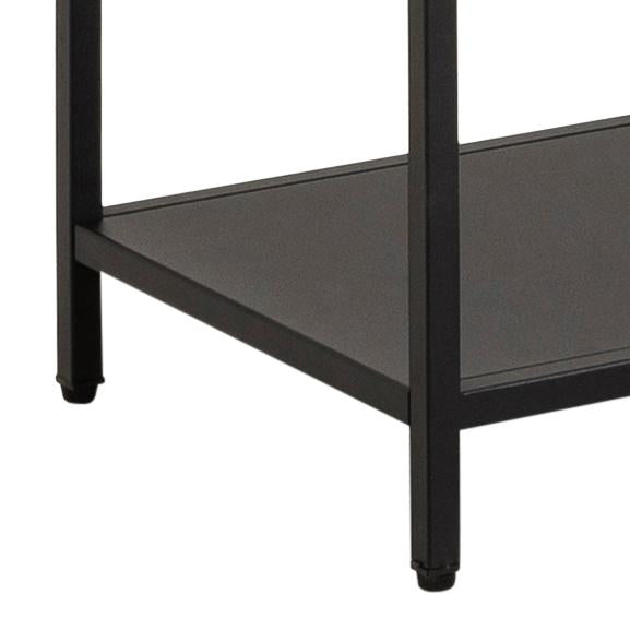 Black metal shelf with glass top on a white background