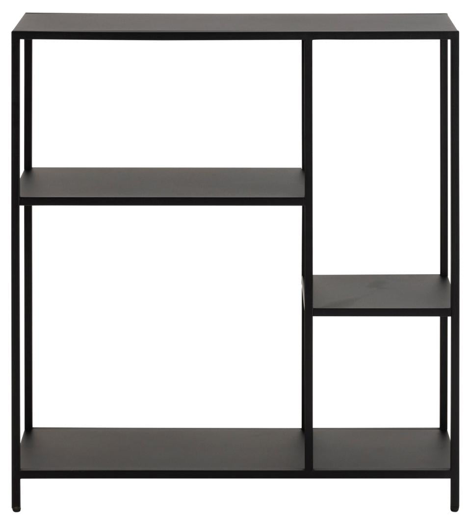 Black metal shelf with three shelves on a white background