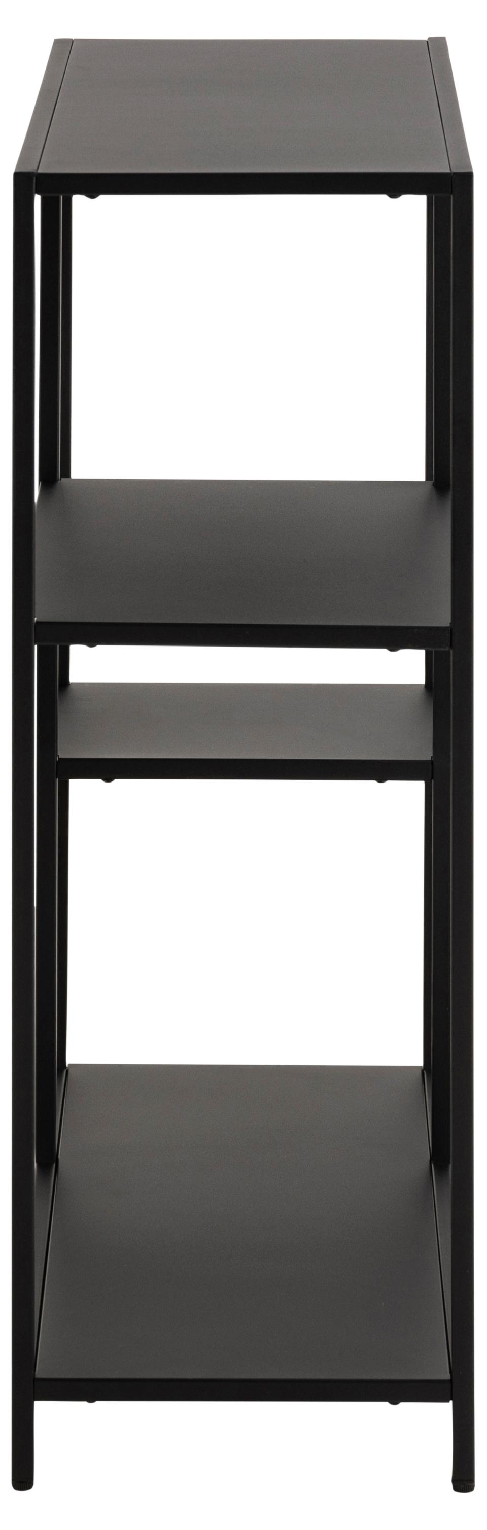 Black metal side table with three shelves on a white background
