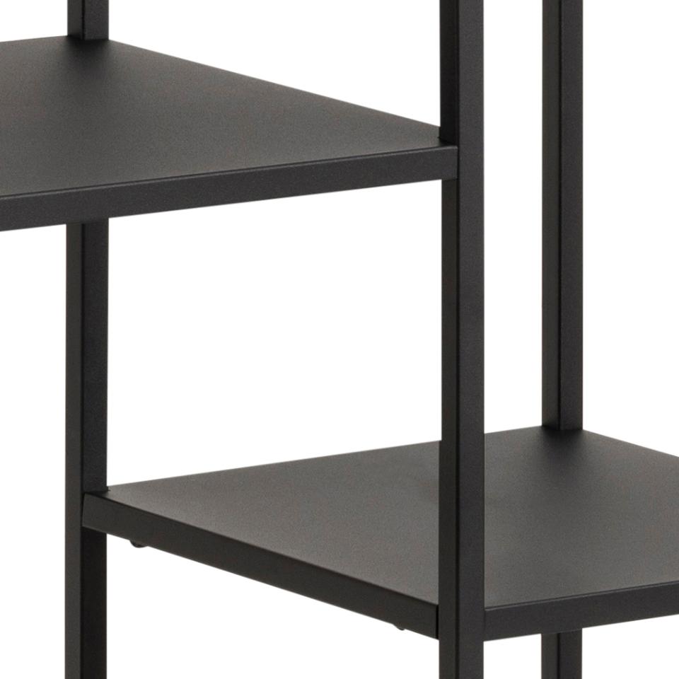 Black metal shelf with two shelves on a white background