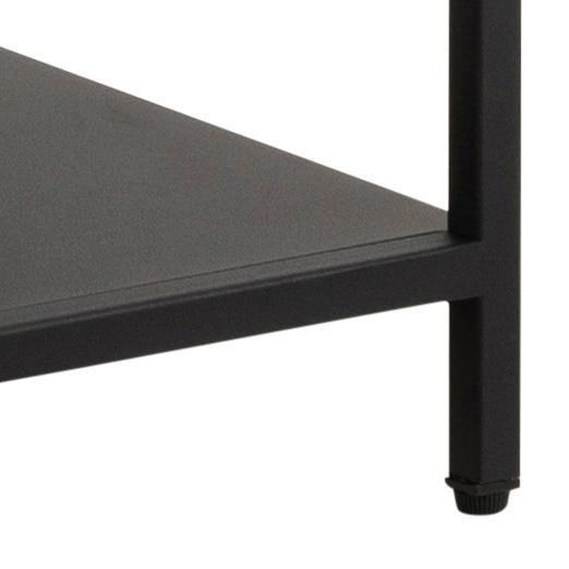 Black metal shelf with a white background