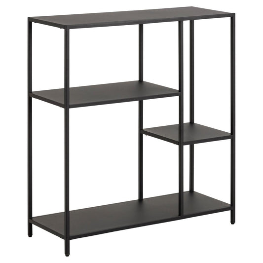 A black metal bookcase with three shelves, in an asymmetrical design, viewed from a slight angle against a white background.