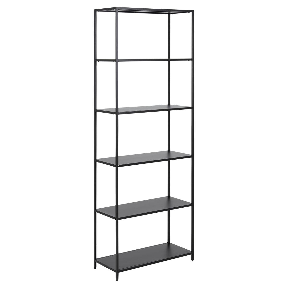 Black metal bookshelf with five shelves on a white background
