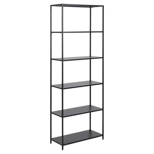 Black metal bookshelf with five shelves on a white background