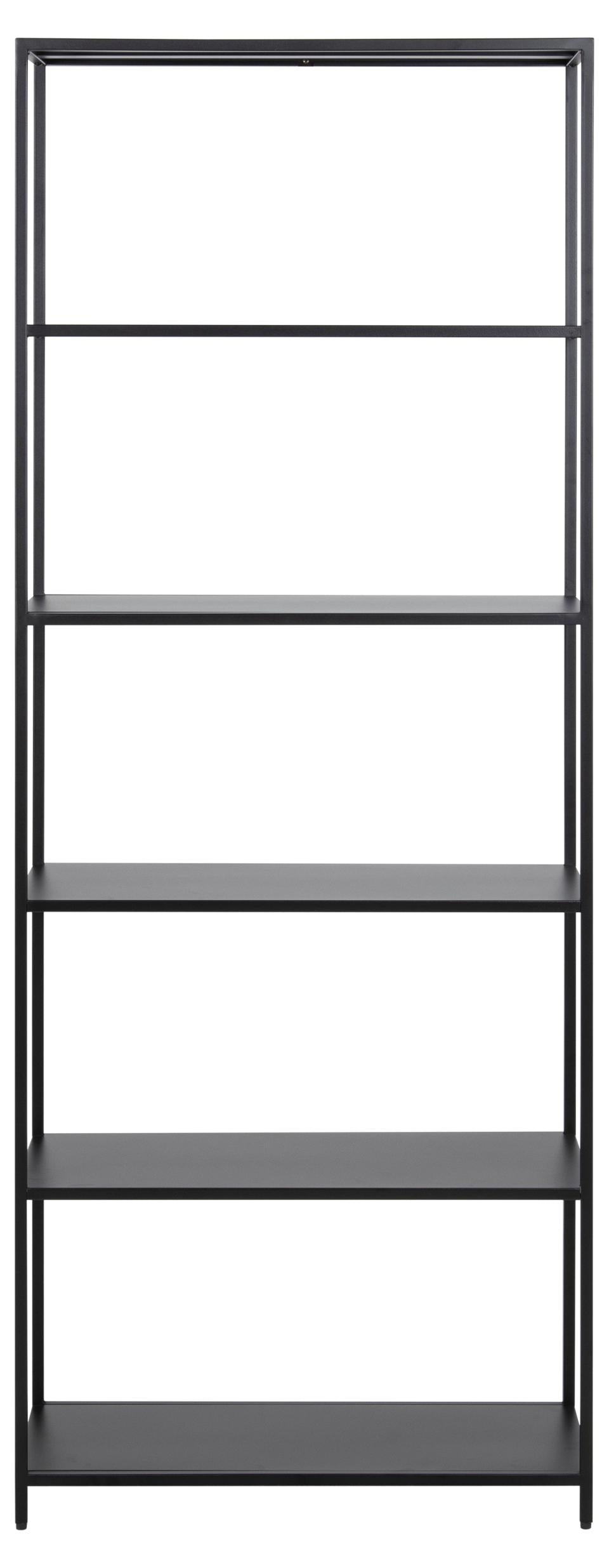 Black metal bookshelf with five shelves on a white background