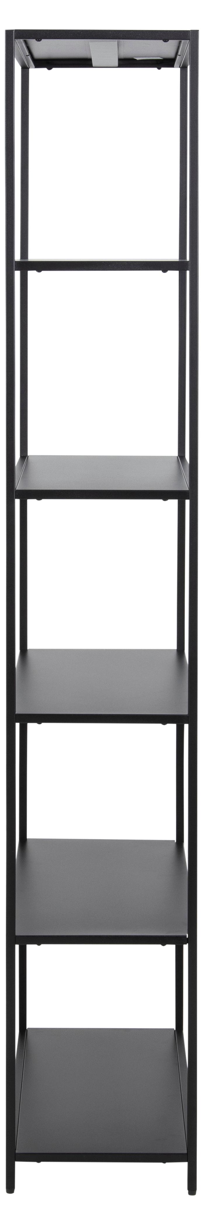 Black metal bookshelf with glass shelves on a white background