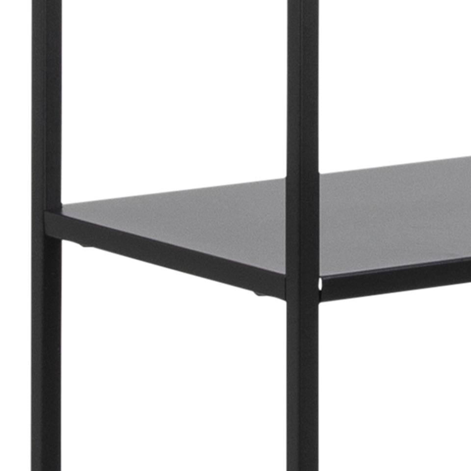 Black metal frame with a gray shelf on a white background