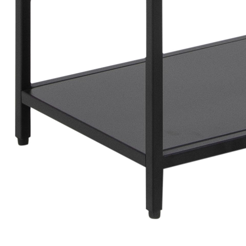 Black metal shelf with a glass top on a white background