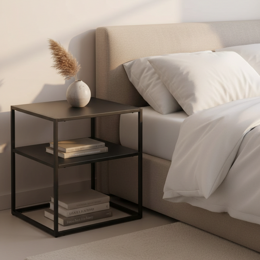 A modern two-tier nightstand with a black metal frame and dark brown wood top, styled next to a bed with white linens in a minimalist bedroom setting.