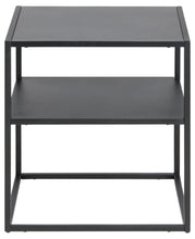 Load image into Gallery viewer, A modern two-tier side table with a matte black metal frame and flat rectangular shelves, shown against a plain white background.
