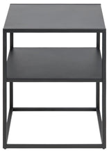 Load image into Gallery viewer, A modern two-tier side table with a matte black metal frame and flat rectangular shelves, shown against a plain white background.

