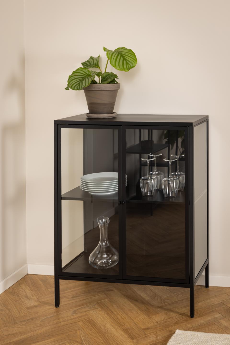 Newcastle Black Display Cabinet With 2 Glass Doors & 2 Metal Shelves 80x40x99cm