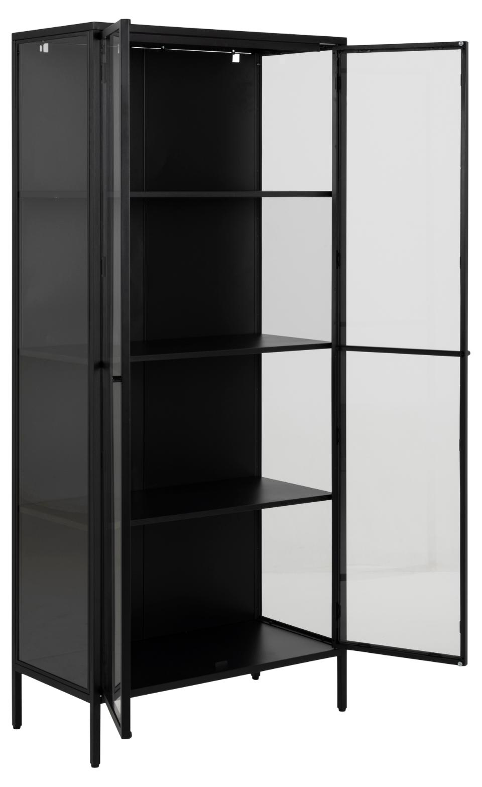 Newcastle Black Display Cabinet 2 Glass Doors 4 Metal Shelves 180x40x80cm