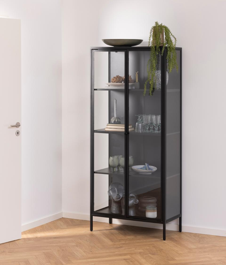 Newcastle Black Display Cabinet 2 Glass Doors 4 Metal Shelves 180x40x80cm